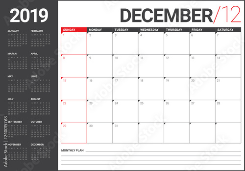 December 2019 desk calendar vector illustration
