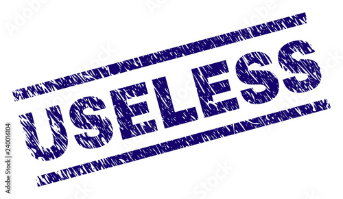 USELESS seal print with distress style. Blue vector rubber print of USELESS tag with scratched texture. Text tag is placed between parallel lines.