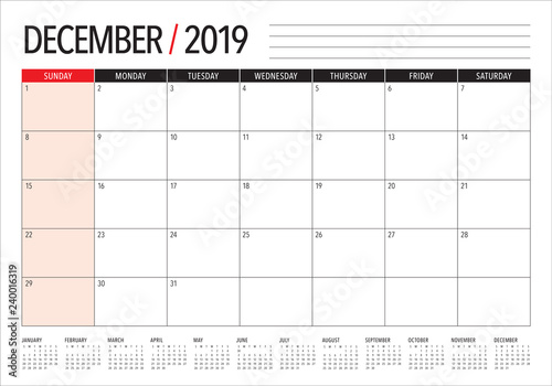 December 2019 desk calendar vector illustration