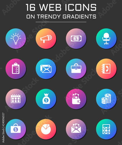 business icon set. business web icons on round trendy gradients