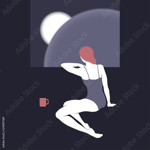 Cartoon with beautiful sitting lady looking at the moon with a cup of tea.