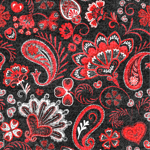 Denim seamless pattern. Denim floral background. Black jeans cloth. Jeans background hand draw paisley flowers