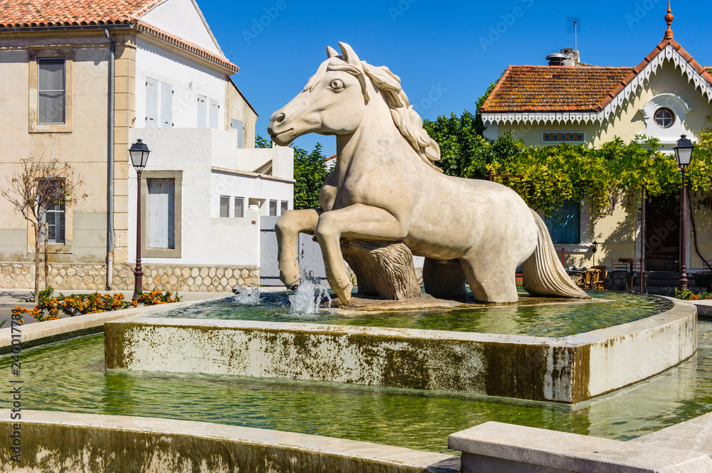 Brunnen und Pferdeskulptur in Saintes-Maries-de-la-Mer