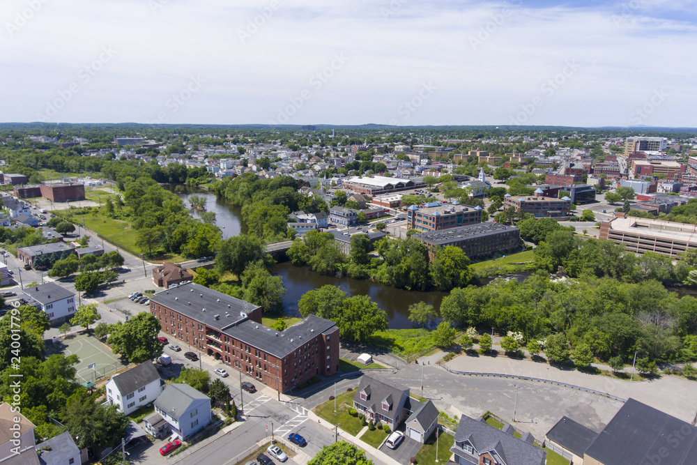 Lowell historic downtown aerial view in Lowell, Massachusetts, USA.
