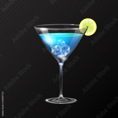 Realistic cocktail blue lagoon glass vector illustration on transparent background