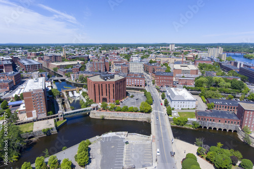 Obraz na plátně Lowell historic downtown and Concord River aerial view in Lowell, Massachusetts, USA