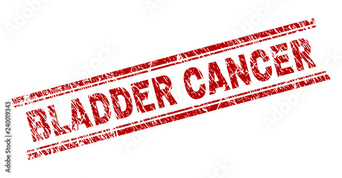 BLADDER CANCER seal print with grunge effect. Red vector rubber print of BLADDER CANCER title with dust texture. Text title is placed between double parallel lines.