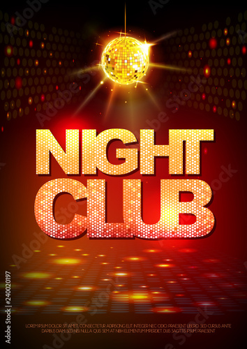 Disco ball background. Disco poster night club. Neon