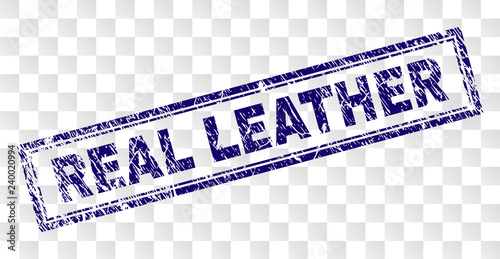 REAL LEATHER stamp seal watermark with rubber print style and double framed rectangle shape. Stamp is placed on a transparent background.