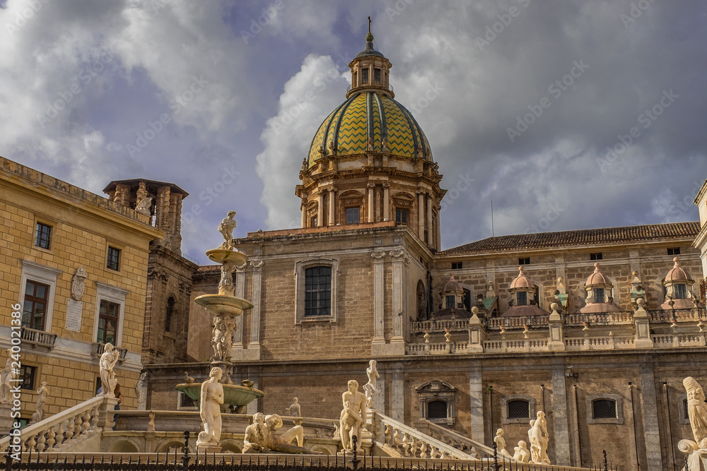 The Praetorian Fountain and baroque dome of Santa Caterina in Palermo, Sicily
