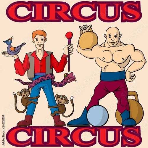 Funny cartoon circus magician and strongman. Cheerful joyful performance.