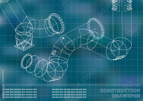 Drawings of steel structures. Pipes and pipe. 3d blueprint of steel structures. Cover, background for your design. Blue background. Grid