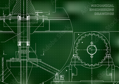 Engineering backgrounds. Mechanical engineering drawings. Blueprints. Cover. Technical Design. Green background. Points © bubushonok