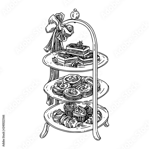 Afternoon tea high stand with sweets. Sketch. Engraving style. Vector illustration.