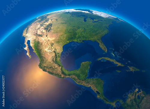 Mappa fisica del mondo, vista satellitare dell'America centrale. Globo. Emisfero. Rilievi e oceani. Rendering 3D photo