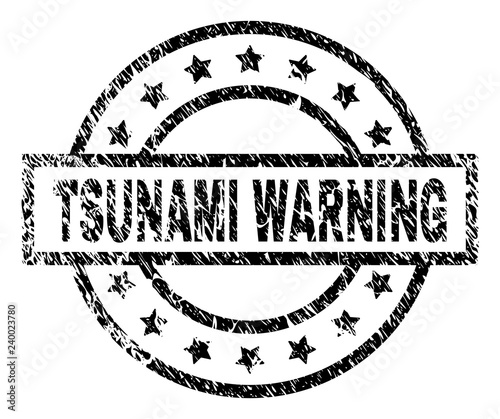 TSUNAMI WARNING stamp seal watermark with distress style. Designed with rectangle, circles and stars. Black vector rubber print of TSUNAMI WARNING caption with retro texture.