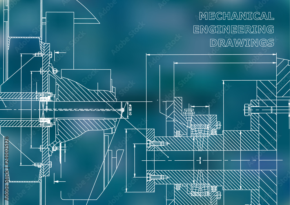 Fototapeta premium Technical illustration. Mechanical engineering. Backgrounds of engineering subjects. Technical design. Instrument making. Cover. Blue background. Grid