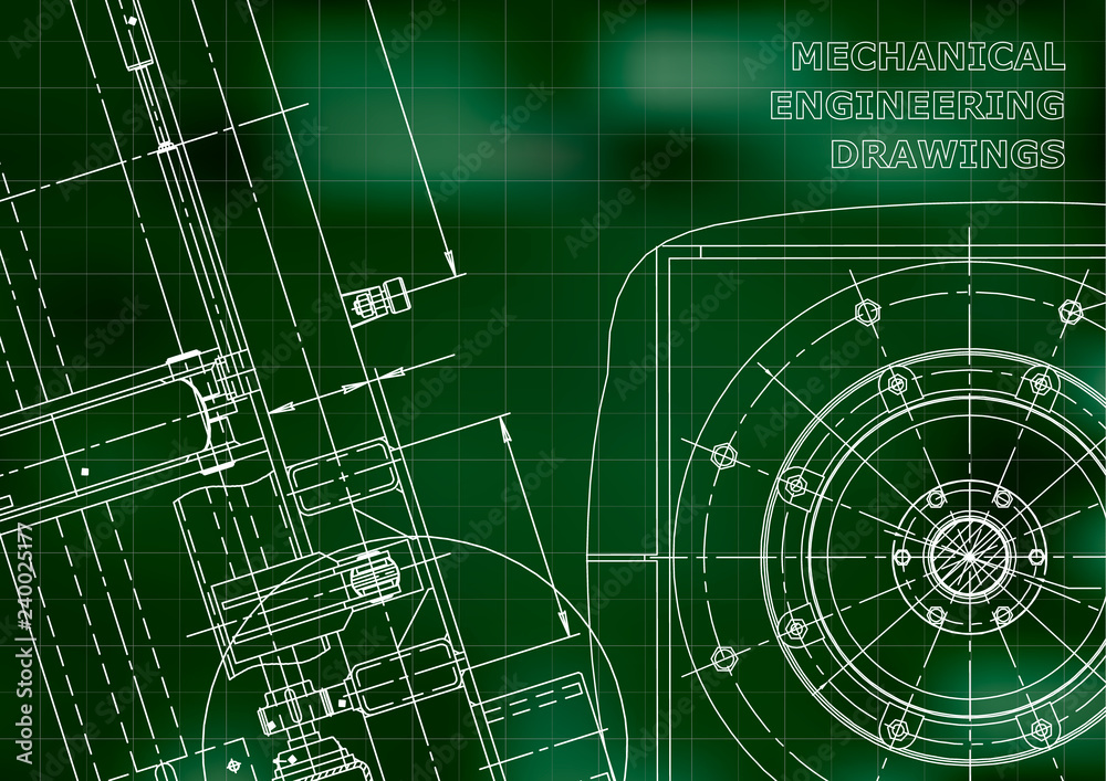 Blueprint. Vector drawing. Mechanical instrument making. Green background. Grid