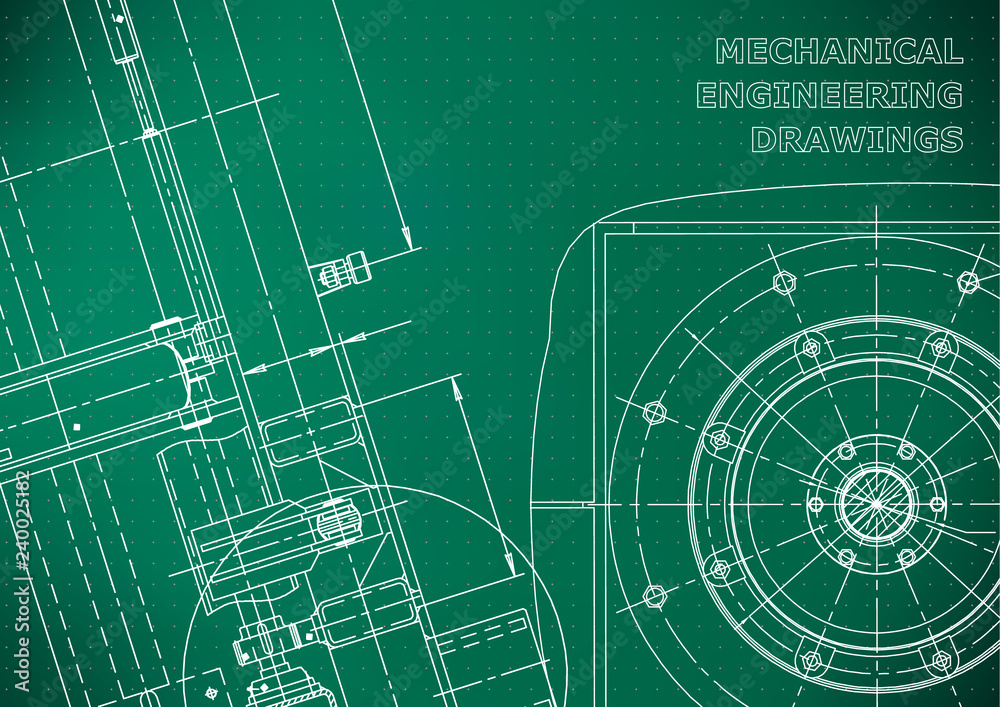 Blueprint. Vector drawing. Mechanical instrument making. Light green background. Points