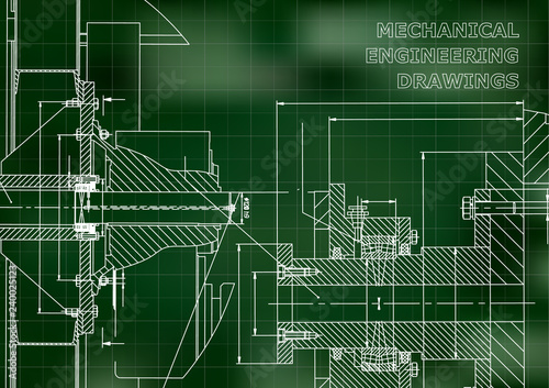 Technical illustration. Mechanical engineering. Backgrounds of engineering subjects. Technical design. Instrument making. Cover. Green background. Grid