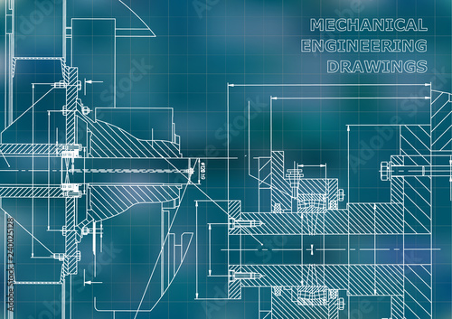 Technical illustration. Mechanical engineering. Backgrounds of engineering subjects. Technical design. Instrument making. Cover. Blue background. Grid