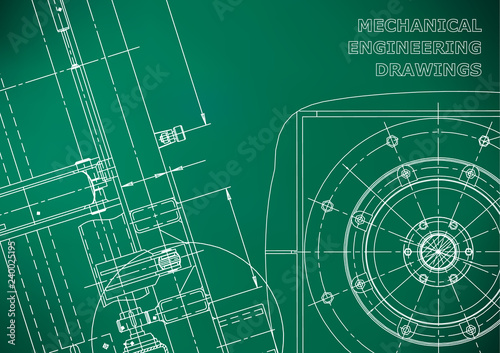 Blueprint. Vector drawing. Mechanical instrument making. Light green background. Grid