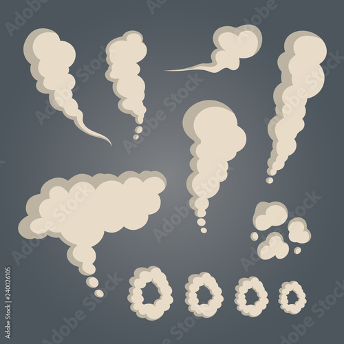 Smoke and steam white silhouettes. Set of special effects template. Clipart element for game, print, advertising, menu and web design. Vector illustration.