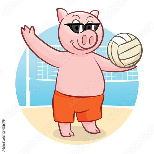 Piggy volleyball player with ball and sunglasses