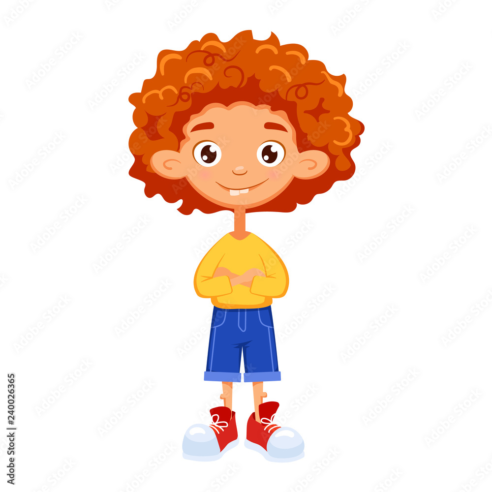 red-hair boy in red sneakers stands with his arms crossed. Cartoon  characters. Vector illustration. Can be used for fashion print design, kids  wear, celebration greeting and invitation card, postcard. Stock Vector |