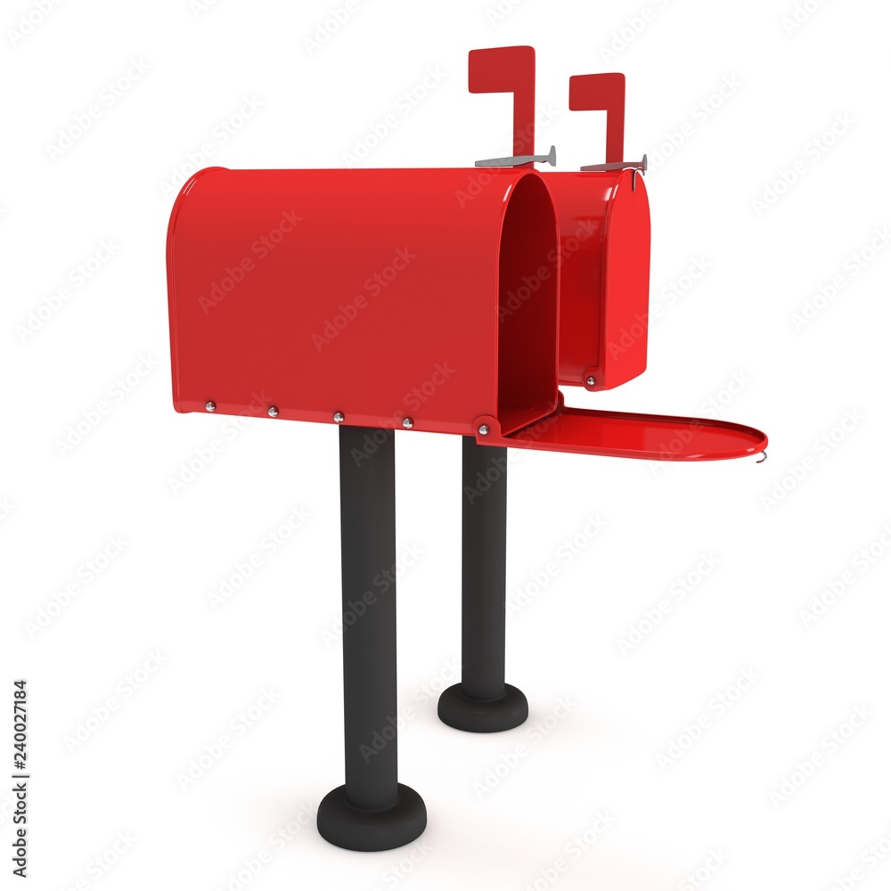 Mailbox with open door and raised flag. 3d render illustration isolated on white background. Mailbox with open door and raised flag. 3d render illustration isolated on white background.