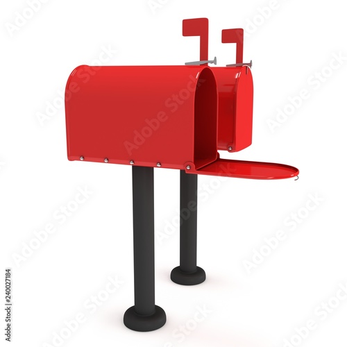 Mailbox with open door and raised flag. 3d render illustration isolated on white background.