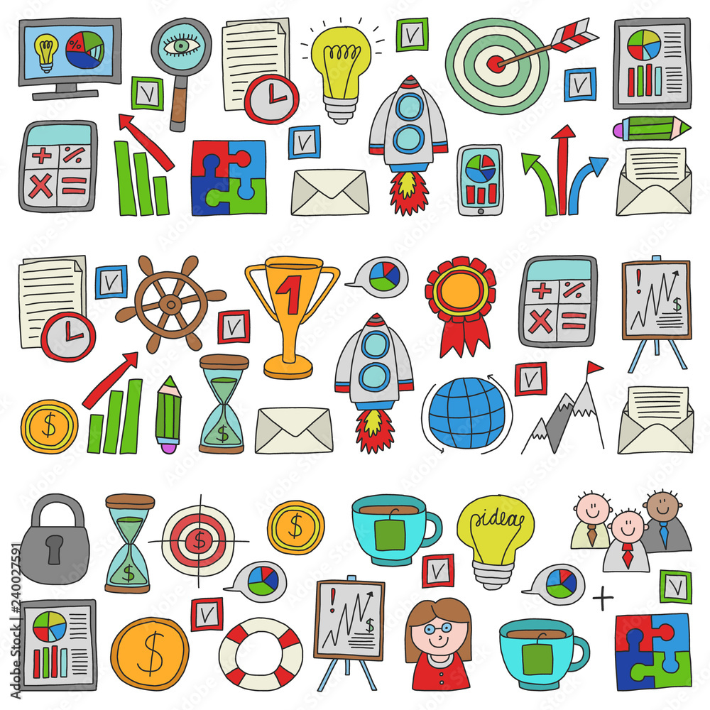 Vector set of bussines icons in doodle style.