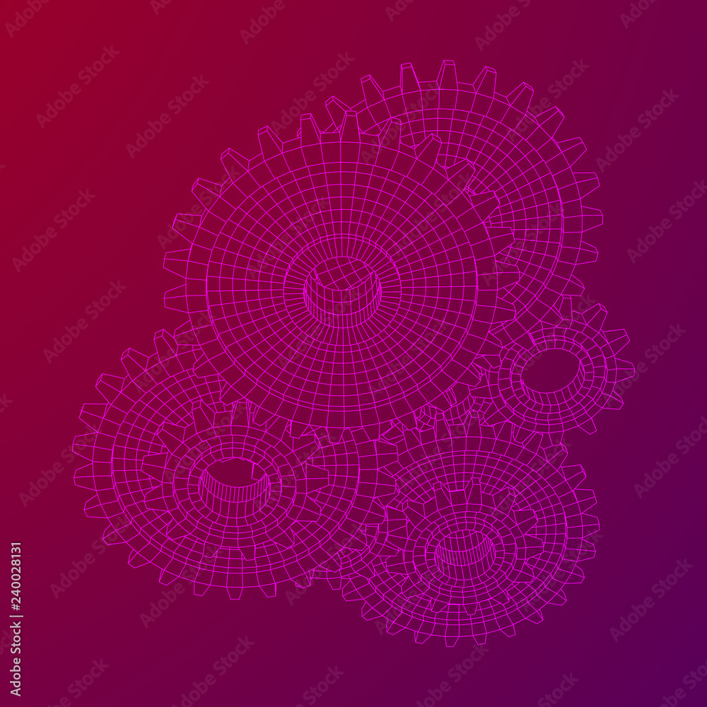 Gears. Mechanical technology machine engineering symbol. Industry development, engine work, business solution concept. Wireframe low poly mesh vector illustration Gears. Mechanical technology machine engineering symbol. Industry development, engine work, business solution concept. Wireframe low poly mesh vector illustration