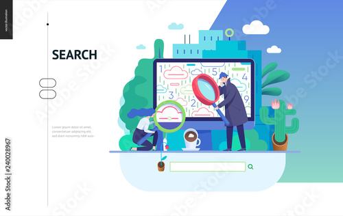 Business series, color 3 - search page - modern flat vector illustration concept of digital data research on computer. Information researching interaction process Creative landing page design template