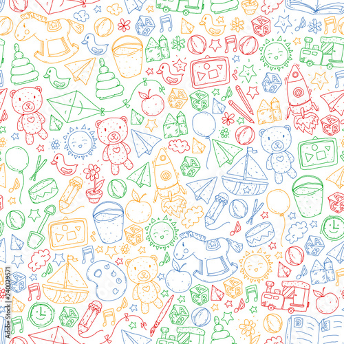 Kindergarten Vector seamless pattern with toys and items for education. © helen_f