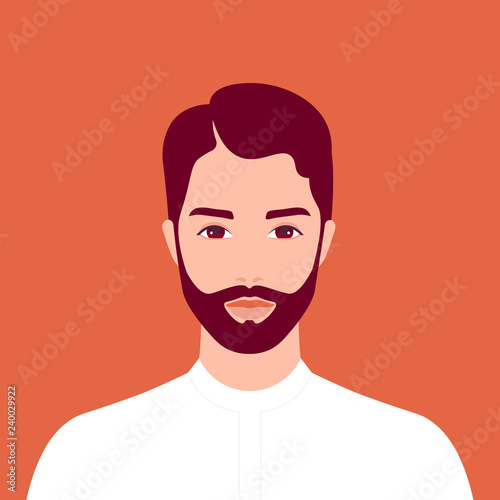 Portrait of a young Arab man with a beard. Oriental businessman. The guy in national clothes. Vector flat illustration