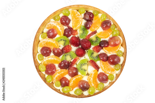 Top view of a fresh homemade multi-fruit tart cake isolated on a white background (high details).