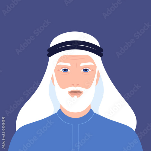 Portrait of an elderly Arab man with a beard. Retiree. Grandfather in national clothes and a headdress. Vector flat illustration