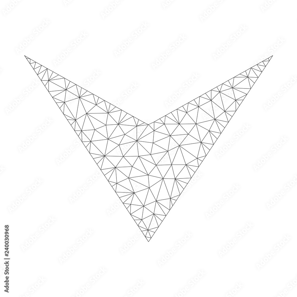 Mesh vector arrowhead down icon on a white background. Polygonal carcass grey arrowhead down image in lowpoly style with combined triangles, nodes and linear items. Mesh vector arrowhead down icon on a white background. Polygonal carcass grey arrowhead down image in lowpoly style with combined triangles, nodes and linear items.