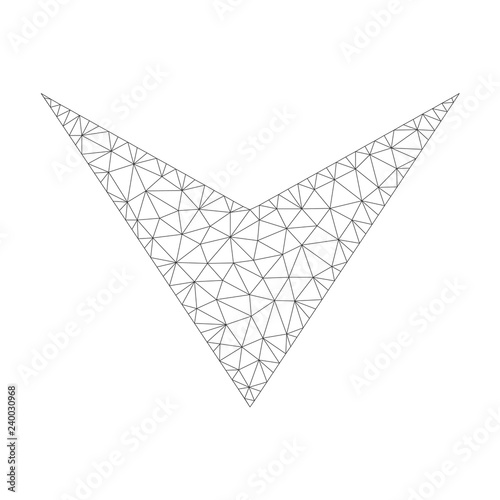Mesh vector arrowhead down icon on a white background. Polygonal carcass grey arrowhead down image in lowpoly style with combined triangles, nodes and linear items.
