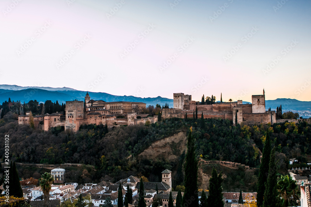 Panoramic view of Alhambra from el Mirador de San Nicolás in Granada, Andalucia, Spain