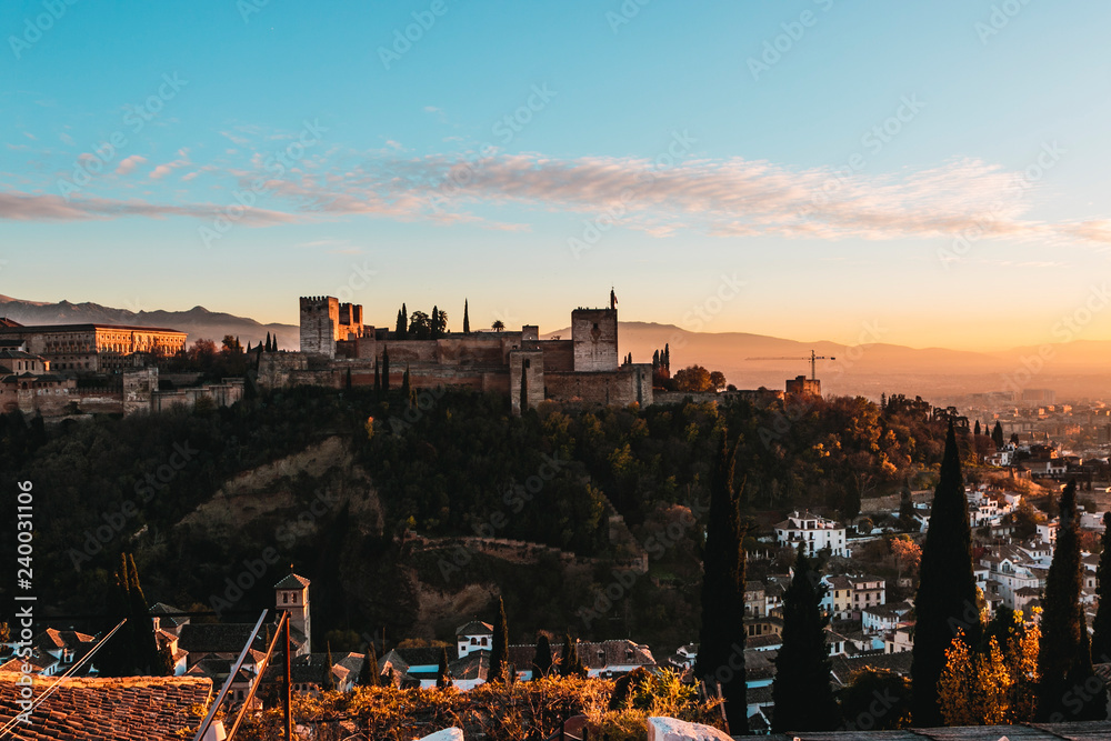 Landscape in Alhambra of Granada, Spain. Alhambra fortress at sunset.