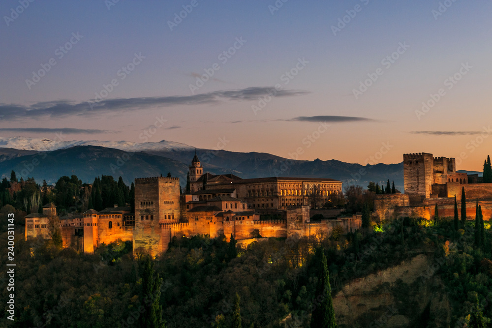 Beautiful panoramic landscape of Alhambra de Granada at sunset, Andalucia, Spain
