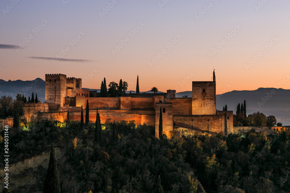 Granada city in Andalucia, Spain (España) Alhambra palace and fortress with Sierra Nevada at the background. 