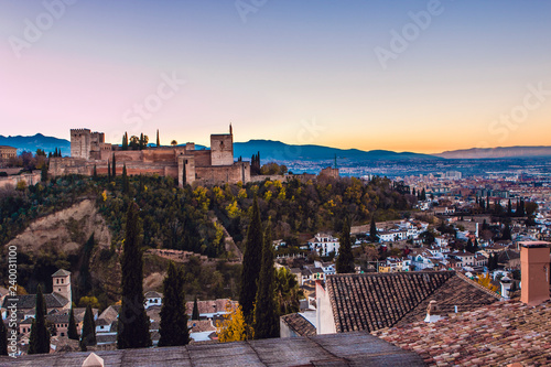 Landscape view of Alhambra from el Mirador de San Nicolás in Granada, Andalucia, Spain