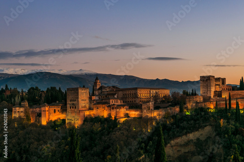 Beautiful panoramic landscape of Alhambra de Granada at sunset, Andalucia, Spain