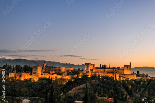 Granada Espa  a. Panoramic view of Alhambra palace and fortress with Sierra Nevada at the background. Travel destination in Spain