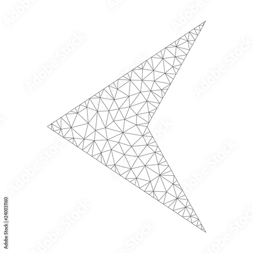 Polygonal vector arrowhead left icon on a white background. Mesh carcass dark gray arrowhead left image in lowpoly style with organized triangles, nodes and linear items.