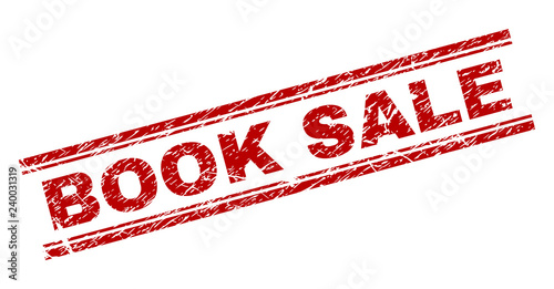 BOOK SALE seal print with grunge texture. Red vector rubber print of BOOK SALE caption with unclean texture. Text caption is placed between double parallel lines.