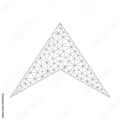 Polygonal vector arrowhead up icon on a white background. Mesh carcass dark gray arrowhead up image in low poly style with connected triangles, dots and linear items.